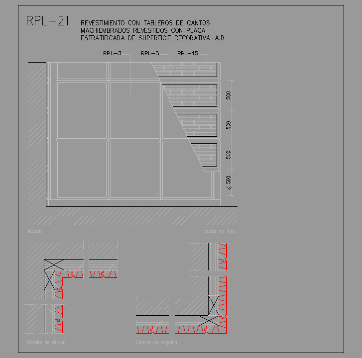 Bloque Autocad Revestimiento con tableros de cantos machihembrados revestidos con placa estratificada de superficie decorativa